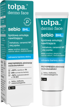 Tołpa Dermo Face Sebio BHL lipidowa emulsja nawilżająca do cery trądzikowej, biała tubka i pudełko.