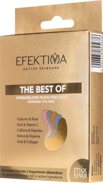 Efektima The Best Of, złote pudełko hydrożelowych płatków pod oczy, widok z przodu, z grafiką 5 rodzajów.