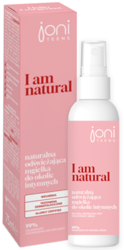 Naturalna mgiełka JONI TEENS do higieny intymnej w białej butelce spray i różowym opakowaniu, widok przodem.