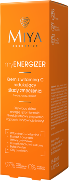 Pomarańczowe pudełko Miya myENERGIZER Krem z witaminą C, redukujący ślady zmęczenia, widok z przodu, 40ml.