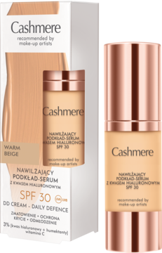 Podkład-serum Cashmere Warm Beige SPF 30 z kwasem hialuronowym. Beżowa butelka z pompką i pudełko.