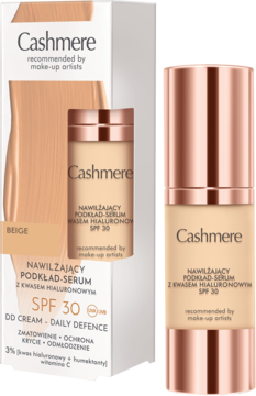 Cashmere Daily Defence, nawilżający podkład-serum SPF 30 w beżowej butelce i białym pudełku z rose gold.
