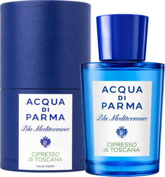 Acqua di Parma Blu Mediterraneo Cipresso di Toscana woda toaletowa, błękitna butelka obok otwartego pudełka.