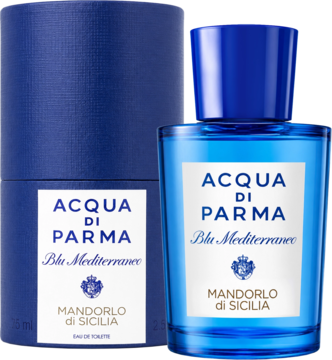 Acqua Di Parma Mandorlo Di Sicilia, woda toaletowa unisex, niebieska butelka i cylindryczne opakowanie z logo.