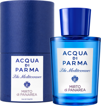 Acqua di Parma Blu Mediterraneo Mirto di Panarea EDT: niebieska butelka obok ciemnoniebieskiego pudełka na czarnym tle.