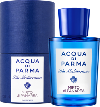 Niebieska butelka i pudełko Acqua di Parma Blu Mediterraneo Mirto di Panarea EDT, widok z przodu, białe etykiety.