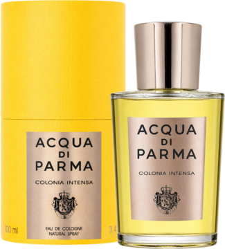 Acqua di Parma Colonia Intensa, męska woda kolońska w szklanym flakonie ze złotą nakrętką obok żółtego pudełka.