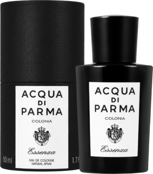 Acqua di Parma Colonia Essenza 50ml: czarny flakon i cylindryczne pudełko z białymi etykietami, widok frontalny.