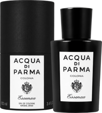 Acqua di Parma Colonia Essenza, czarna butelka wody kolońskiej 100ml i cylindryczne pudełko z logo, widok z przodu.