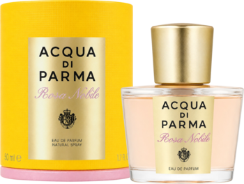 Acqua di Parma Rosa Nobile Eau de Parfum, damska woda perfumowana w złoto-różowej butelce, żółte pudełko, widok z przodu.