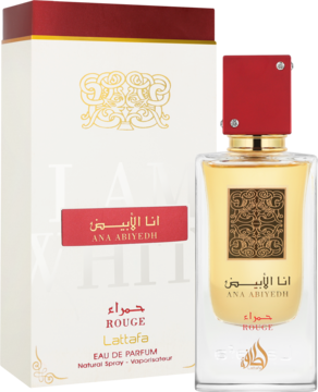 Lattafa Ana Abiyedh Rouge perfumy, złoty flakon z czerwoną etykietą obok białego pudełka, widok z przodu.