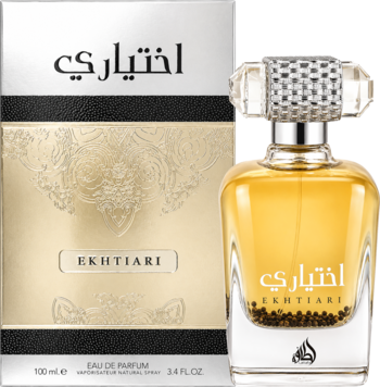 Lattafa Ekhtiari perfumy 100ml, złota butelka z ozdobnym korkiem i pudełko z arabskimi wzorami, ujęcie z przodu.