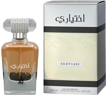 Lattafa Ekhtiari Eau de Parfum, bursztynowa butelka obok srebrnego pudełka z napisem, widok z przodu.