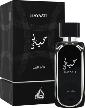 Lattafa Hayaati, czarny perfum w eleganckiej butelce i dopasowanym pudełku z arabską kaligrafią, widok z przodu.