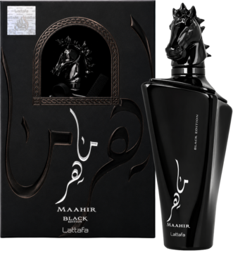 Lattafa Maahir Black, luksusowe perfumy arabskie w czarnej butelce z rzeźbionym korkiem i pudełkiem.