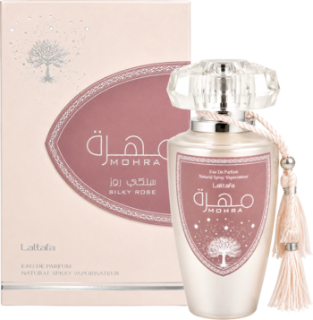 Lattafa Mohra Silky Rose EDP, biały flakon z różowym chwostem i pudrowym pudełkiem, widok z przodu.