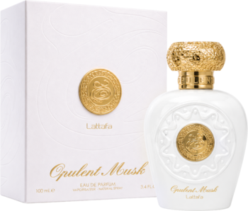 Luksusowe arabskie perfumy Lattafa Opulent Musk w białej butelce i pudełku, złote zdobienia, widok z przodu.