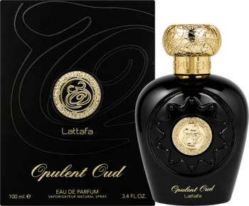Lattafa Opulent Oud perfumy, czarny flakon w kształcie serca ze złotym korkiem, obok eleganckie pudełko. Widok przód.