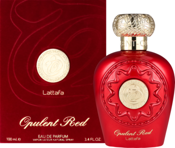 Lattafa Opulent Red EDP, czerwona butelka ze złotymi rzeźbieniami i korkiem, z przodu obok pudełka.