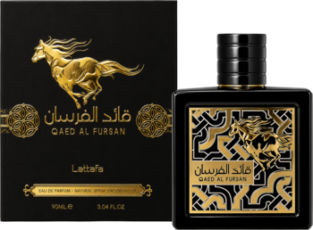 Lattafa Qaed Al Fursan, orientalne perfumy 90ml. Czarna butelka i pudełko ze złotym koniem, widok przodem.