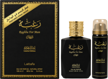 Zestaw Lattafa Raghba For Men: czarne perfumy EDP 100ml i dezodorant, z eleganckim pudełkiem, złote detale.