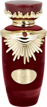 Lattafa Maysoon perfumy arabskie w bordowej butelce z aksamitnym wykończeniem, złotymi zdobieniami i czerwoną cyrkonią.