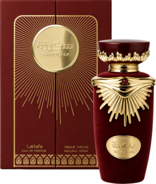 Lattafa SAKANA GARDENIA perfumy: czerwony aksamitny flakon ze złotymi zdobieniami, obok pasujące eleganckie pudełko.