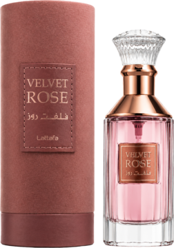 Lattafa Velvet Rose EDP: różowy flakon z kryształową nakrętką i welurowe pudełko, zapach róży i piżma.