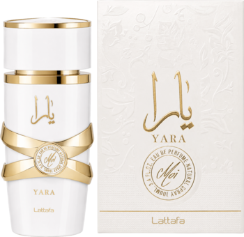Lattafa Yara perfumy, elegancka biało-złota butelka EDP z kokardą i pudełko z wytłoczeniami, widok z przodu.