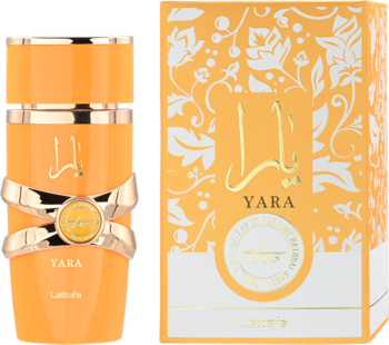 Luksusowe perfumy Lattafa Yara, jasnopomarańczowa butelka ze złotym zdobieniem i pudełko z wzorem, z przodu.