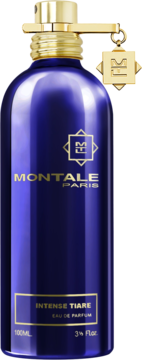 Montale Intense Tiare Eau de Parfum 100ml w metalicznej, królewsko niebieskiej butelce ze złotym korkiem i zawieszką.