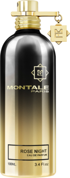 Perfumy Montale Rose Night EDP 100ml. Elegancki czarno-złoty flakon z napisem i złotym emblematem, widok frontalny.