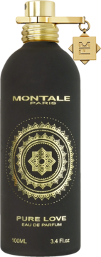 Montale Pure Love woda perfumowana w czarnej matowej butelce ze złotym korkiem, z przodu złoty wzór mandala.