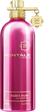 Montale Roses Musk Eau de Parfum 100ml, różowa, metaliczna butelka z złotym korkiem i zawieszką, widok z przodu.