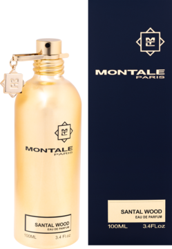 Montale Santal Wood perfumy 100ml, złoty aluminiowy flakon i granatowe pudełko z logo Montale, widok z przodu.