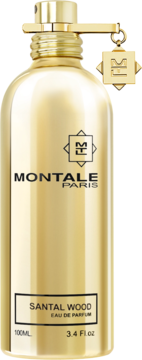 Złoty flakon perfum Montale Santal Wood EDP 100ml z czarnym napisem i złotą zawieszką, widok z przodu.
