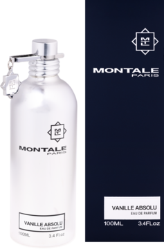 Montale Vanille Absolu EDP, srebrna butelka perfum z atomizerem i granatowe pudełko, widok z przodu.