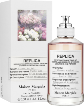 Maison Margiela Replica Flower Market EDT, butelka z różową cieczą obok białego pudełka z kwiatowym motywem, ujęcie frontalne.