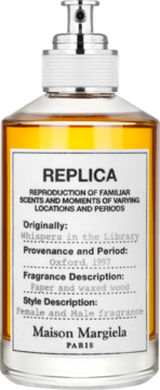 Maison Margiela Replica Whispers in the Library, unisex zapach drzewny, bursztynowa butelka, z przodu.