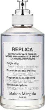 Maison Margiela Replica Lazy Sunday Morning EDT, biała etykieta, srebrny atomizer, widok z przodu.