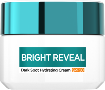 Biały słoiczek kremu L'Oréal Bright Reveal Dark Spot Hydrating Cream SPF 50 z turkusową nakrętką, widok z przodu.