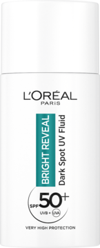 Biała butelka L'Oréal Paris Bright Reveal Dark Spot UV Fluid SPF 50+, pionowy widok z przodu.