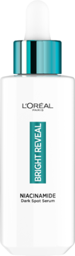 L'Oréal Paris Bright Reveal Niacinamide Dark Spot Serum, biała butelka z tealową etykietą, widok frontalny.