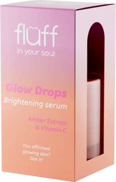 Fluff Glow Drops Brightening serum z witaminą C w pudełku z gradientem róż-pomarańcz, widok z przodu, butelka widoczna.