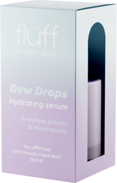 Fluff Dew Drops Hydrating serum z niacynamidem i ametystem w biało-fioletowym pudełku, widok pod kątem.