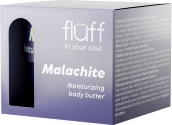 Fluff Malachite Moisturizing body butter w purpurowym pudełku z okienkiem, widok z przodu i z boku.