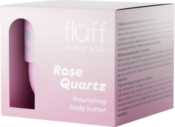 Odżywcze masło do ciała Fluff Rose Quartz w różowym kartonowym pudełku, widok z przodu.