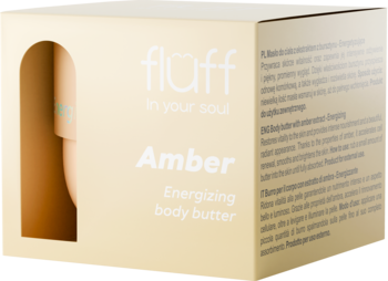 Flåff Amber Energizing body butter w beżowym pudełku z wycięciem ukazującym produkt, widok z przodu.