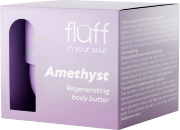 Liliowe pudełko masła do ciała flaff Amethyst, widok pod kątem, z wycięciem ukazującym fioletowy słoiczek.