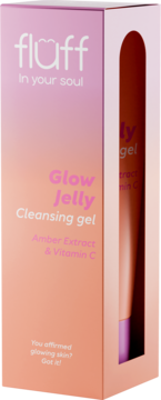 Fluff Glow Jelly Cleansing gel w ombre różowo-brzoskwiniowym pudełku z okienkiem. Bursztyn i Vit C.
